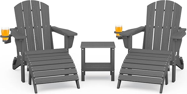 SERWALL 5-Piece Folding Adirondack Chair and Ottoman and Table Set, HDPE Adjustable Adirondack Chairs Set, Grey - Photo 1