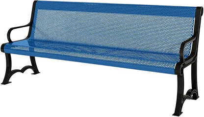 COATEDOUTDOORFURNITURE Heavy-Duty Outdoor Bench Thermoplastic Coated, Punched Steel, Commercial-Grade Garden Bench, Made in America (Portable with Back, 4 Ft, Textured Light Blue)