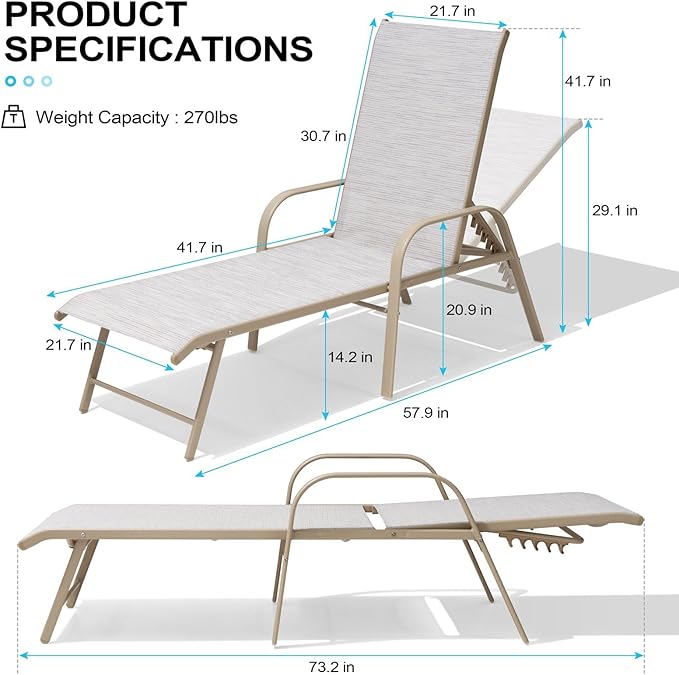 Crestlive Products Chaise Lounge Chair Outdoor with Armrests, Pool Lounge Chairs Set of 2, Aluminum Adjustable 5 Positions Sun Tanning Lounger for Patio, Poolside, Yard, Deck, Backyard (Mix Color)