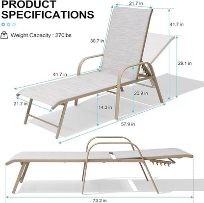 Crestlive Products Chaise Lounge Chair Outdoor with Armrests, Pool Lounge Chairs Set of 2, Aluminum Adjustable 5 Positions Sun Tanning Lounger for Patio, Poolside, Yard, Deck, Backyard (Mix Color)