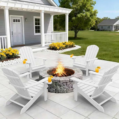 YEFU Adirondack Chairs Set of 4 for Outdoor: Zero Gravity Fire Pit Chairs Plastic with Cup Holders - Sturdy All-Weather HIPS with Wood Texture for Patio Backyard Lawn - Easy Assembly(White)