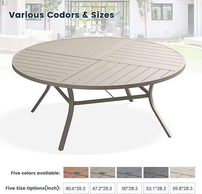 Patio Dining Table for 8-10, Round Metal Outdoor Table with Storage Shelf, 1.57" Umbrella Hole, 60" Outdoor Quartered Tabletop Dining Table for Backyard, Porch, Lawn, Sand