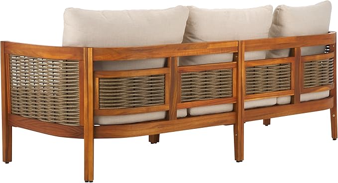 SAFAVIEH Outdoor Collection Amanda Natural Acacia Solid Wood/Taupe Cushion 3-Seater Sofa - Photo 7