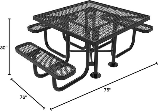 COATEDOUTDOORFURNITURE Heavy-Duty Portable ADA-Compliant Outdoor Picnic Table with Umbrella Hole, Expanded Metal Patio Dining Furniture Made in America (46" Square Top, Black)