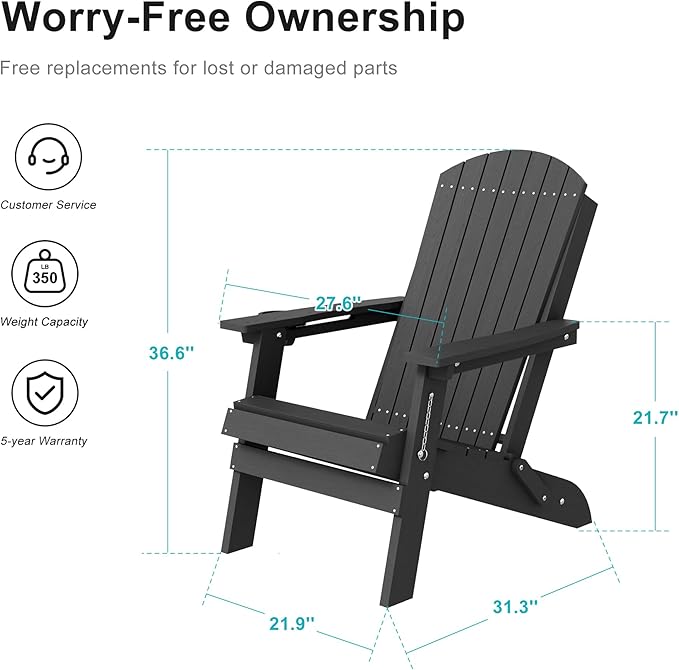 HDPE Foldable Adirondack Outdoor Chair Set of 2 with Cup Holder, Weather Resistant Heavy-Duty Patio Chair for Patio, Backyard, Deck, Fire Pit, Lawn and Porch, Black