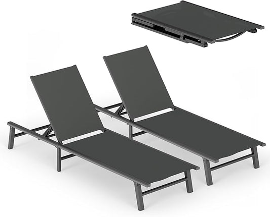 Ciokea Foldable Outdoor Lounge Chair Set of 2, No Assembly Aluminum Chaise Lounge Outdoor with 5 Adjustable Positions, Pool Lounge Chairs with Portable Design for Pool, Beach, Deck, Patio, Grey