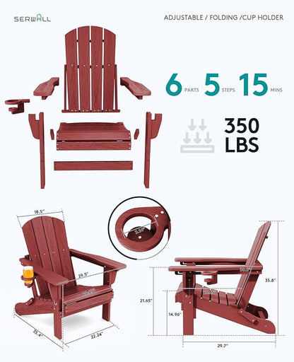 SERWALL Adjustable Folding Adirondack Chair, Reclining Adirondack Chair with Cup Holder, Red
