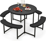 Giantex Picnic Table Bench Set for 4-8 Person, Round 37” Outdoor Dining Table w/Umbrella Hole, HDPE Tabletop - Photo 1