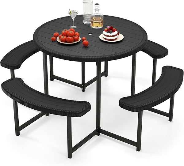 Giantex Picnic Table Bench Set for 4-8 Person, Round 37” Outdoor Dining Table w/Umbrella Hole, HDPE Tabletop - Photo 1