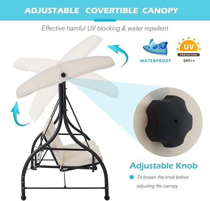 AECOJOY Porch Swing Chair, 3 Seats Porch Swing Adjustable Canopy Outdoor Swing with Stand Patio Swing Bed with - Photo 2