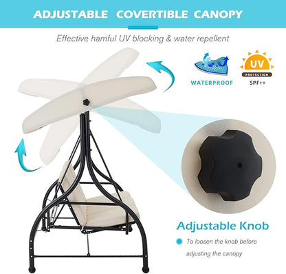 AECOJOY Porch Swing Chair, 3 Seats Porch Swing Adjustable Canopy Outdoor Swing with Stand Patio Swing Bed with Removable Beige Cushions