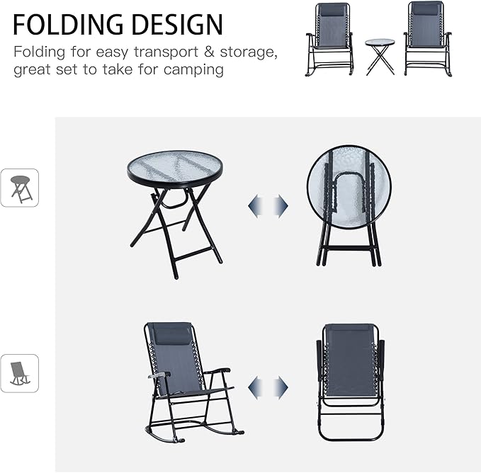 Outsunny 3 Piece Outdoor Rocking Bistro Set, Patio Folding Chair Table Set with Glass Coffee Table for Yard, Patio, Deck - Photo 3