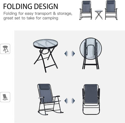 Outsunny 3 Piece Outdoor Rocking Bistro Set, Patio Folding Chair Table Set with Glass Coffee Table for Yard, Patio, Deck, Backyard, Grey