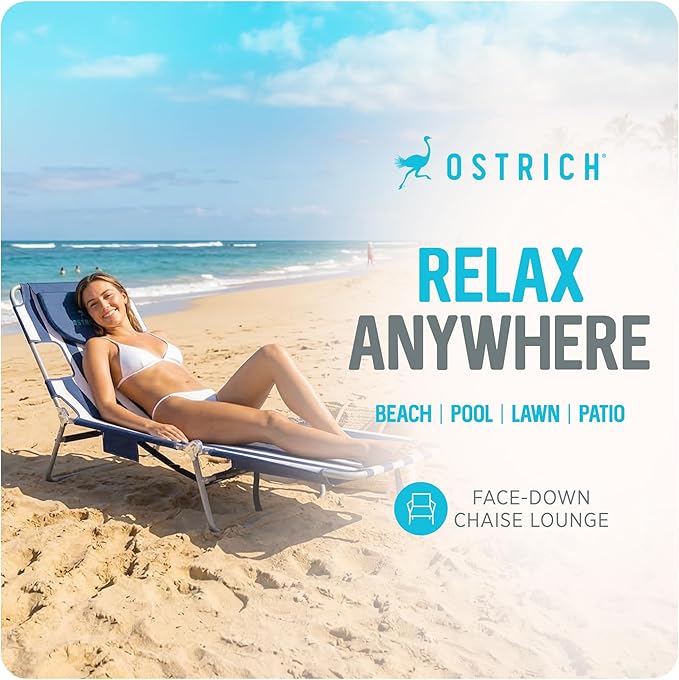 Ostrich the Backpack Chaise Lounge, Folding & Reclining Outdoor Beach Chaise Lounger Chair for Lawn, Pool, Patio, Garden, and Yard, Blue Stripe
