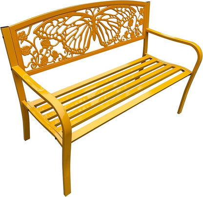 Hi-Line Gift Ltd 50" Outdoor Metal Garden Bench with Butterfly Design Backrest - Yellow