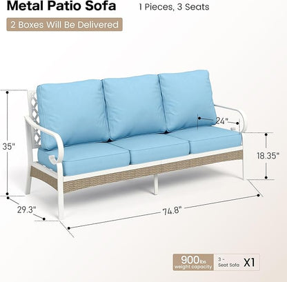 Metal Patio Sofa with 5.75" Extra Thick Cushion, 3-Seater Deep Seating & High-Back White Frame Outdoor Couch All Weather Outdoor Seating Furniture for Deck Gazebo Porch, Blue