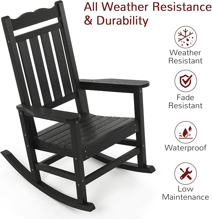 Stoog All-Weather Outdoor Rocking Chairs Set of 2, Oversized Rocking Chairs with 400 lbs Weight Capacity, for Backyard, Fire Pit, Lawn, Garden, Black