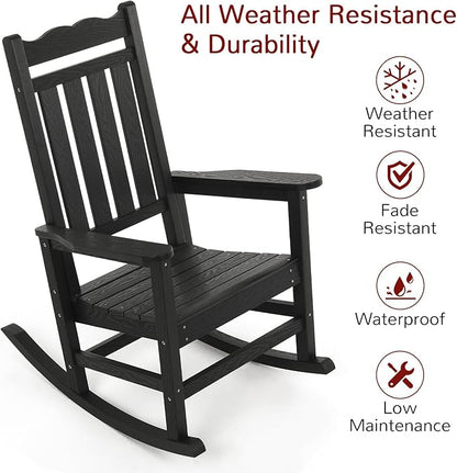 Stoog Patio Rocking Chair, All-Weather Porch Rocker, 400 lbs Weight Support, Never Fade or Rot, for Backyard, Fire Pit, Lawn and Garden, Black