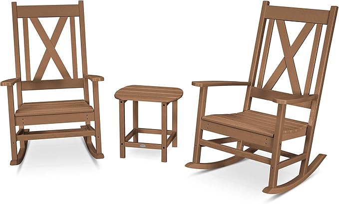 POLYWOOD Braxton Rocking Chair Set of 2 in Teak - Heavy Duty HDPE Outdoor Rockers with Side Table for Front Porch, Patio & Deck - Classic American Style Garden Furniture