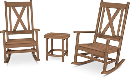 POLYWOOD Braxton Rocking Chair Set of 2 in Teak - Heavy Duty HDPE Outdoor Rockers with Side Table for Front Porch, Patio & Deck - Classic American Style Garden Furniture