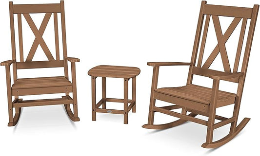 POLYWOOD Braxton Rocking Chair Set of 2 in Teak - Heavy Duty HDPE Outdoor Rockers with Side Table for Front Porch, Patio & Deck - Classic American Style Garden Furniture