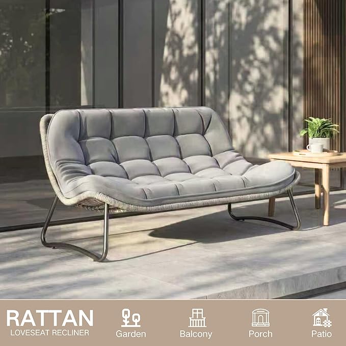 Kingdura Outdoor Wicker Papasan Egg Chair, Outdoor Loveseat, 2 Seater Oversized Patio Lounge Recliner with Thick Cushion - Photo 4