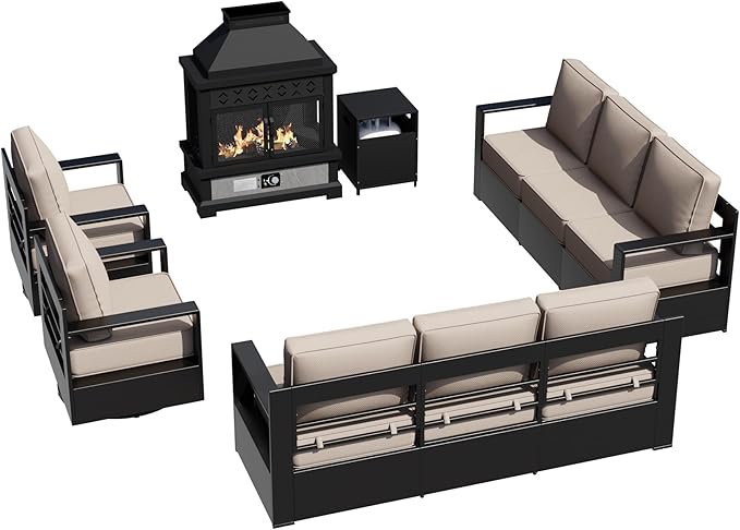 Outdoor Aluminum Furniture Set, 5-Piece Patio Conversation Set, 2 Swivel Chairs, 2 Sofa and 1 Fireplace - Photo 8