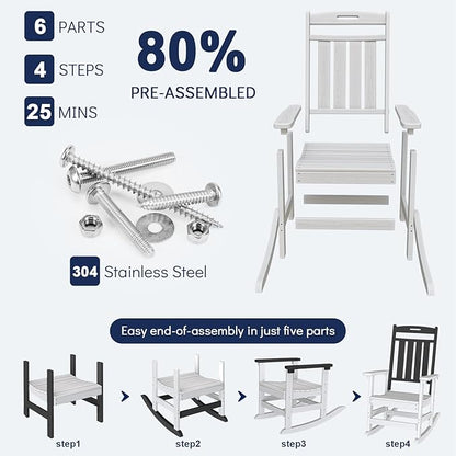 Plawdlik Oversized HDPE Outdoor Rocking Chair - 380 lbs Capacity, All - Weather, Ergonomic for Patio & Backyard,White