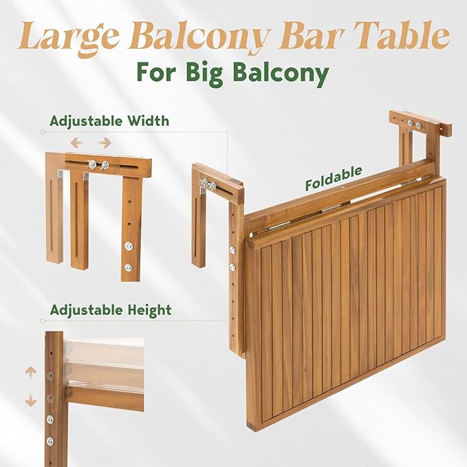 Idzo FSC Acacia Wood Folding Balcony Bar Table for Railings, Adjustable Height & Width - Photo 3