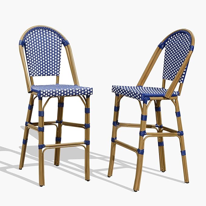 PURPLE LEAF French Bar Stool Set of 2 Bamboo Print Finish Patio Bar Stools with Back Rattan Chairs Wicker Bar Height Stool 30" with Footrest Kitchen Island Stools Outdoor Barstool Royal Blue