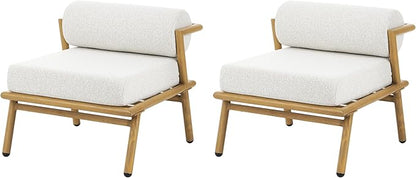 Christopher Knight Home Dessa Patio Accent Chairs Set of 2, Wood-Like Club Chairs, Boucle Lounge Chair, Upholstered Armless Chair, Iron Frame Stable Seating for Garden Poolside Backyard, White+Teak