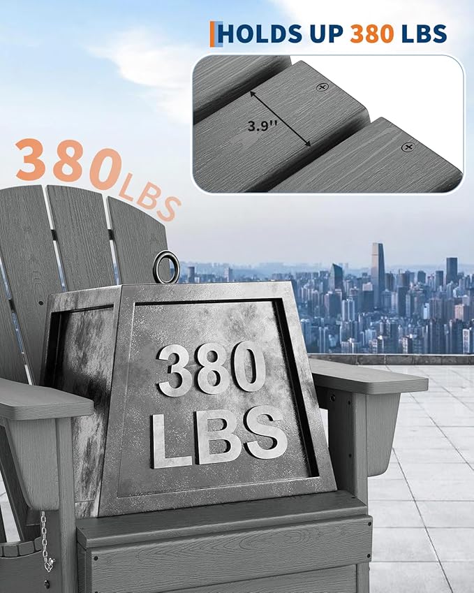 GarveeLife Folding Adirondack Chairs, HDPE Plastic Outdoor Chairs with Wood Texture - 380Lbs & Weather Resistant for Fire Pit, Deck, Patio, Pool, Backyard - Gray