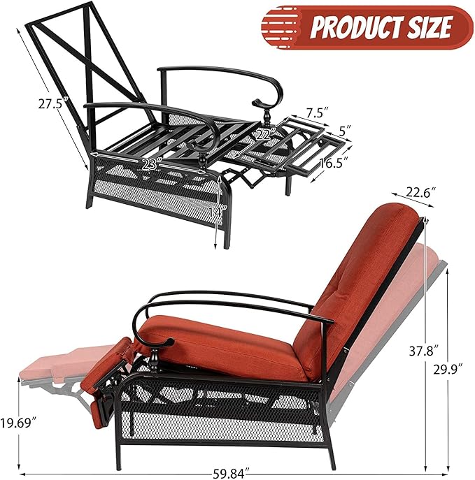 Incbruce Outdoor Lounge Chair Set of 2 Patio Furniture Adjustable Recliner with Retractable Steel Frame and Removable Thick Cushions - Red
