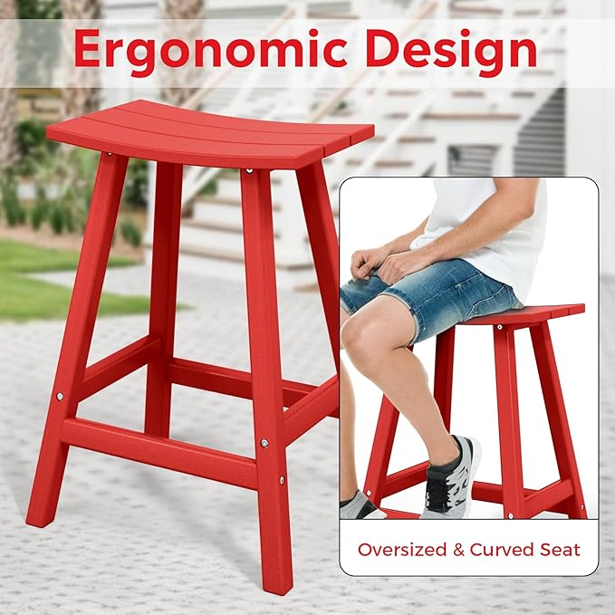 Costaelm All-Weather Bar Stools Set of 3, 24" Height Outdoor Bar Stools, Adirondack Poly Patio Bar Stool for Patio, Deck, Kitchen Counter and Garden, Red