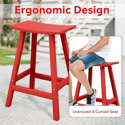 Costaelm All-Weather Bar Stools Set of 3, 24" Height Outdoor Bar Stools, Adirondack Poly Patio Bar Stool for Patio, Deck, Kitchen Counter and Garden, Red
