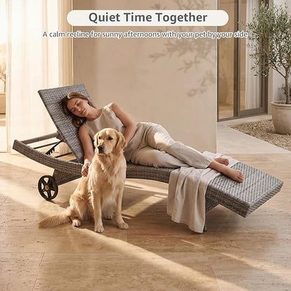 Set of 6 Gray Outdoor Chaise Lounge Chairs, Wicker Patio Lounge Chairs with Adjustable Backrest and Wheels, Durable PE Rattan Pool Chair for Patio, Poolside and Garden