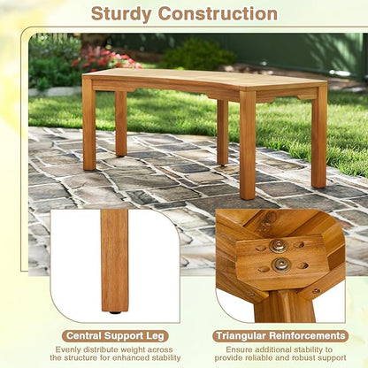 Moccha Outdoor Curved Bench, Acacia Wood Fire Pit Bench w/Slatted Seat, Loveseat, Outside Chair, Patio Backless 2-Person Seating for Balcony Yard Deck Porch 800 LBS Max Load (7, Natural)