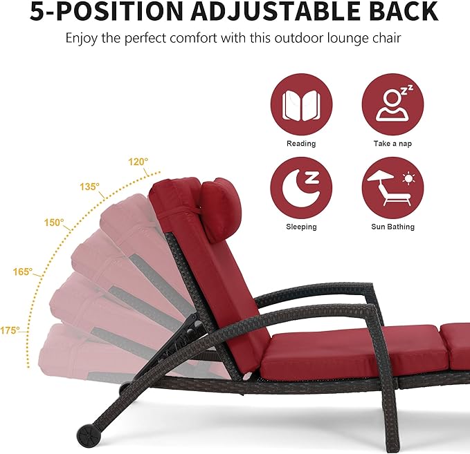 HOMREST Chaise Lounge Chairs Set of 2, PE Rattan Wicker Patio Lounge Chair with Adjustable 5 Position - Photo 5