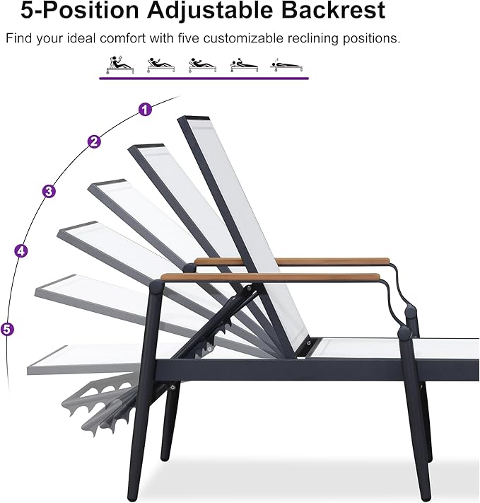 PURPLE LEAF Outdoor Chaise Lounge Chair Set of 2 Patio Pool Lounger Aluminum Chairs with Wooden Armrest Sunbathing Tanning Recliner for Outside Backyard White
