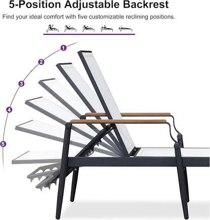PURPLE LEAF Outdoor Chaise Lounge Chair Set of 2 Patio Pool Lounger Aluminum Chairs with Wooden Armrest Sunbathing Tanning Recliner for Outside Backyard White