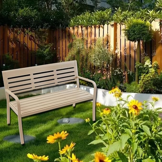 Metal Garden Bench 2-Seater, Aluminum Park Bench with Backrest and Armrests, Weatherproof Outdoor Furniture Loveseat(Metallic)