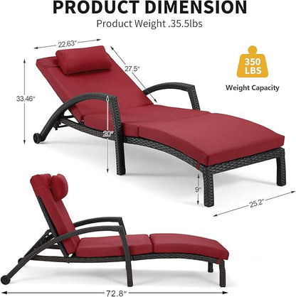 HOMREST Chaise Lounge Chairs Set of 2, PE Rattan Wicker Patio Lounge Chair with Adjustable 5 Position, Arm and Wheels for Poolside Backyard Deck Porch,Wine red