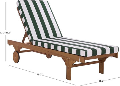 SAFAVIEH Outdoor Patio Furniture Collection - Newport Natural Solid Wood Chaise Lounge Chair with Green Stripe Cushion, Adjustable Backrest (PAT7316H)