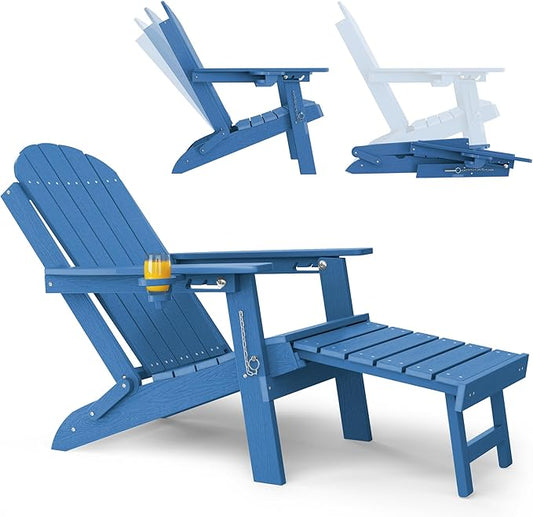 YEFU Folding Adirondack Chair with Footrest: Adjustable Adirondack Chairs with Retractable Ottoman - Sturdy HDEP Plastic with Cup Holder - All Weather for Outdoor/Patio/Fire Pit/Outside/Pool(Blue)
