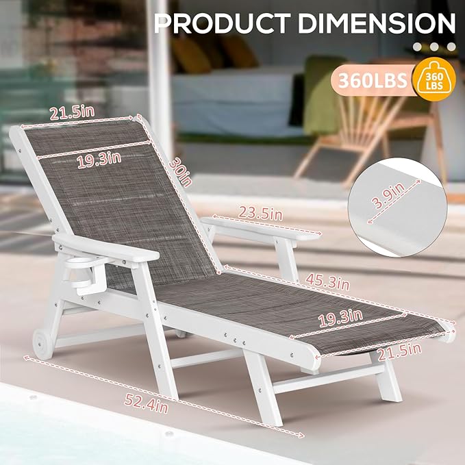 Outdoor Chaise Lounge Chair with Table Set of 3, 5-Position Adjustable Patio Lounge Chair with Wheels & Cup Holder, HDPE Pool Lounge Chair for Outside, Poolside & Beach (Grey-Brown)
