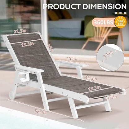 Outdoor Chaise Lounge Chair with Table Set of 3, 5-Position Adjustable Patio Lounge Chair with Wheels & Cup Holder, HDPE Pool Lounge Chair for Outside, Poolside & Beach (Grey-Brown)
