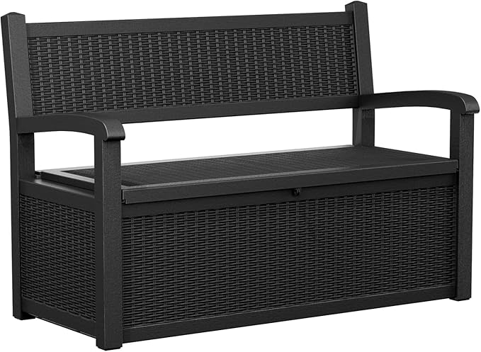 Vixzen 80 Gallon Outdoor Storage Bench Deck Box, Lockable All-Weather Resin Seating with Hidden Storage, Waterproof Patio Furniture for Garden, Pool, Black