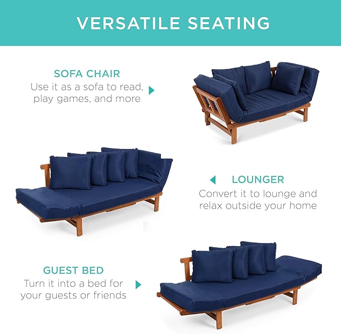 Best Choice Products Outdoor Convertible Acacia Wood Futon Sofa Furniture for Patio, Balcony, Poolside - Photo 3