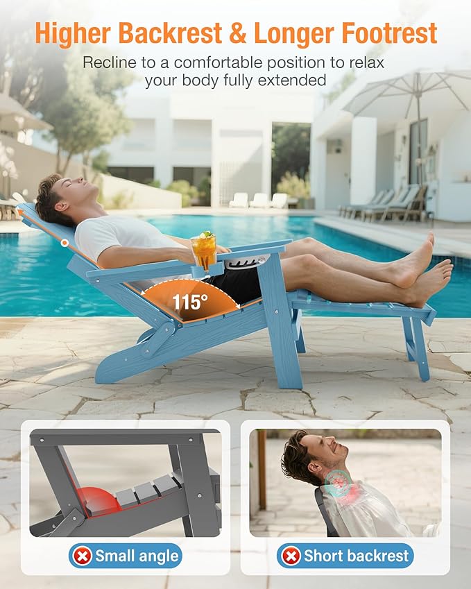 YEFU Adjustable Adirondack Chair with Retractable Ottoman Set of 6,Folding Adirondack Chair with 2 Cup-Holders, Outdoor Chairs with Footrest,Weather Resistant Fire Pit Chairs,for Patio Lawn(Blue)