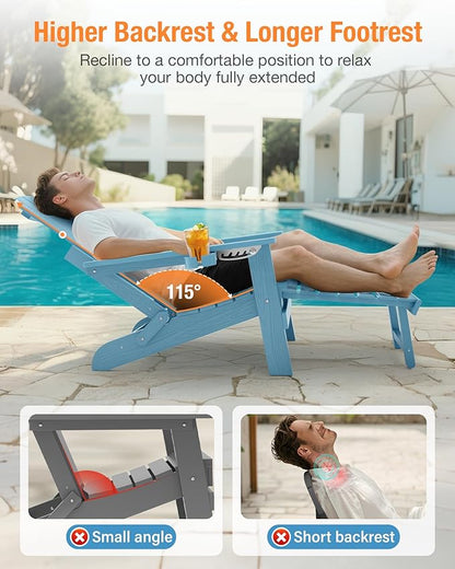 YEFU Adjustable Adirondack Chair with Footrest, 5-Level Adjustable Adirondack Chair with Retractable Ottoman & 2 Cup Holder, Folding Adirondacks Chairs Use for Outdoor, Pool, Patio, Fire Pit (Blue)